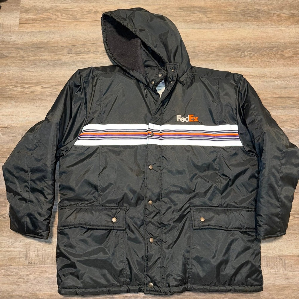 Vtg FedEx Stan Herman Reflective Rain Heavy Coat Hooded Uniform Jacket XLarge